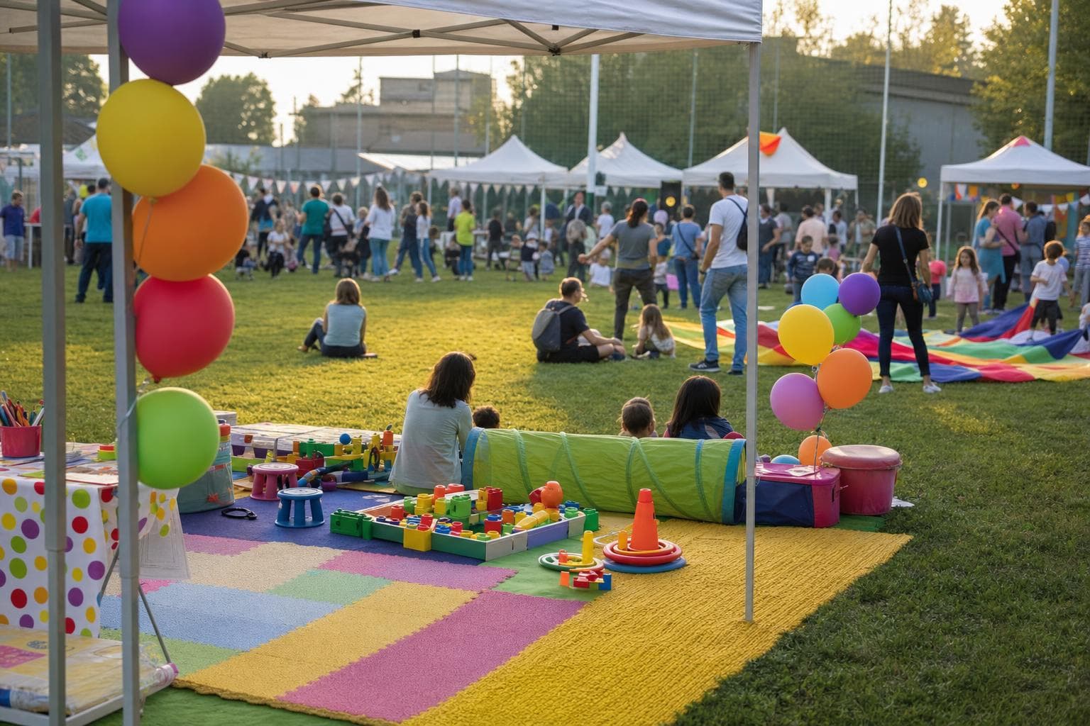 Scena illustrativa di evento all'aperto con giochi per bambini